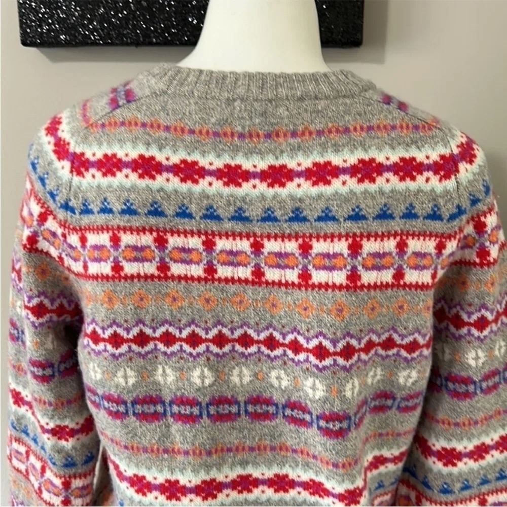 J Crew Womens Holly Fair Isle Wool Sweater Crewneck Grey Red White Sz S